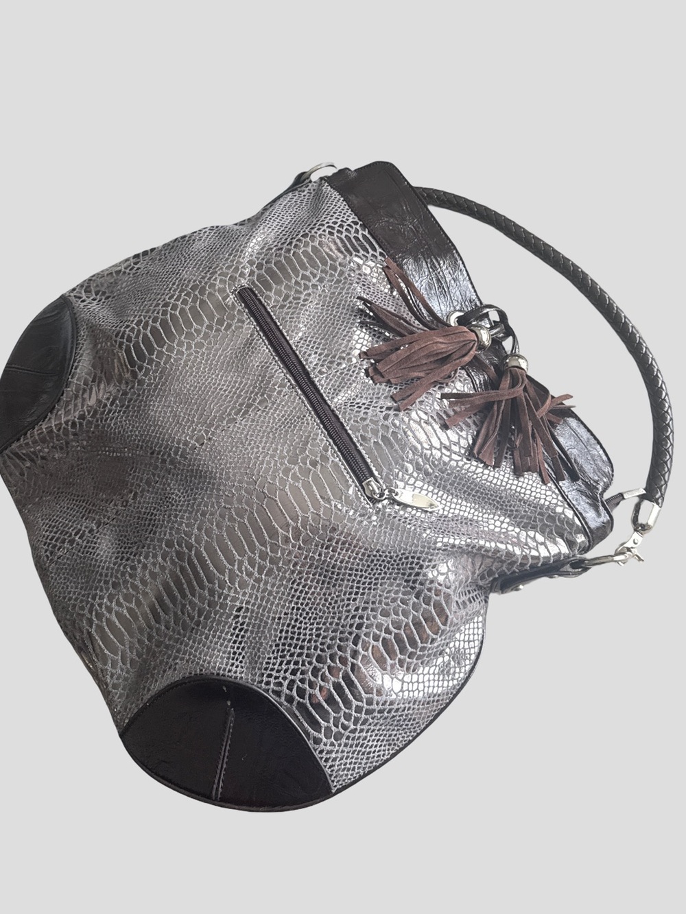 Vintage Silver Metallic Snake-Print Hobo Bag with Brown Tassels silver hardware